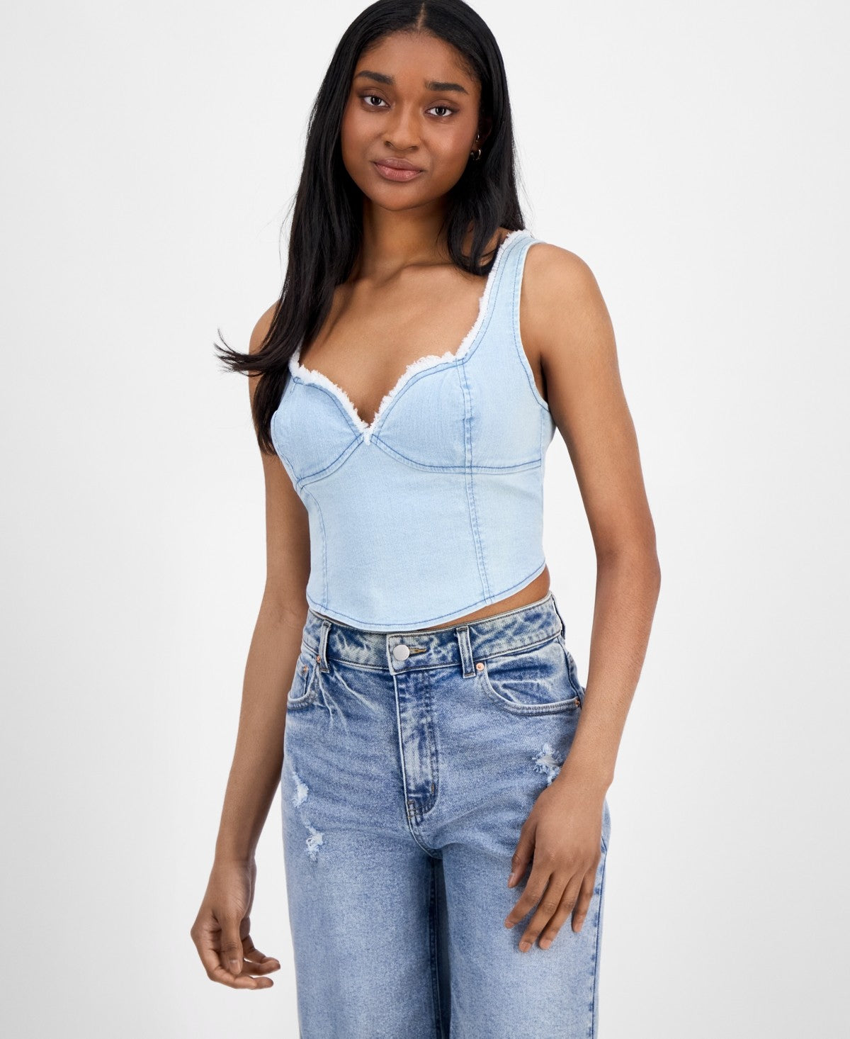 TINSELTOWN Size L Fray-Trimmed Cropped Denim Corset-Style Top - Light Wash