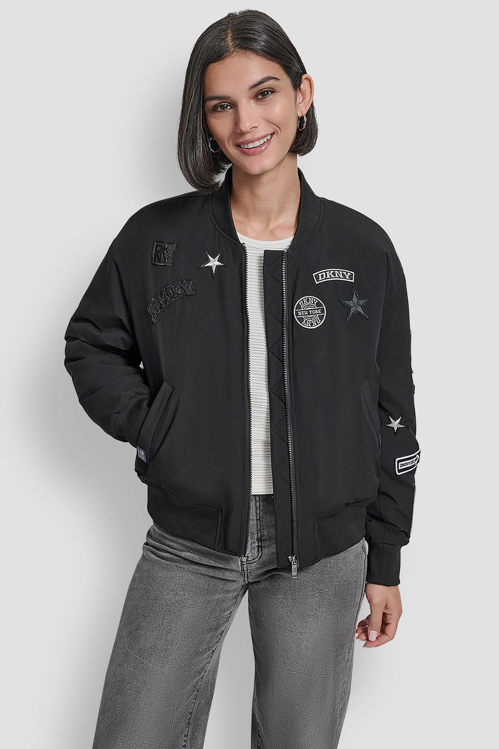 DKNY Women's Long Sleeve Nylon Pins and Patches Bomber Jacket
