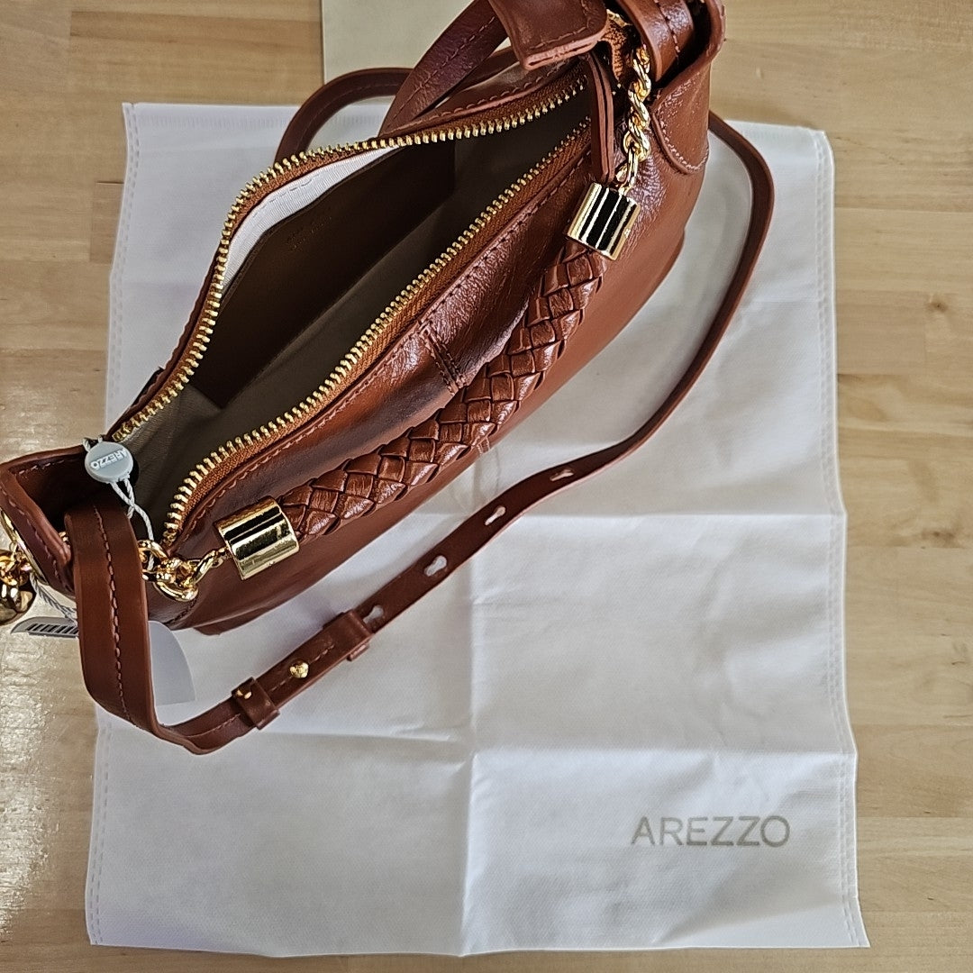 Arezzo Mini Leather Woven Handle Crossbody - Cognac  New