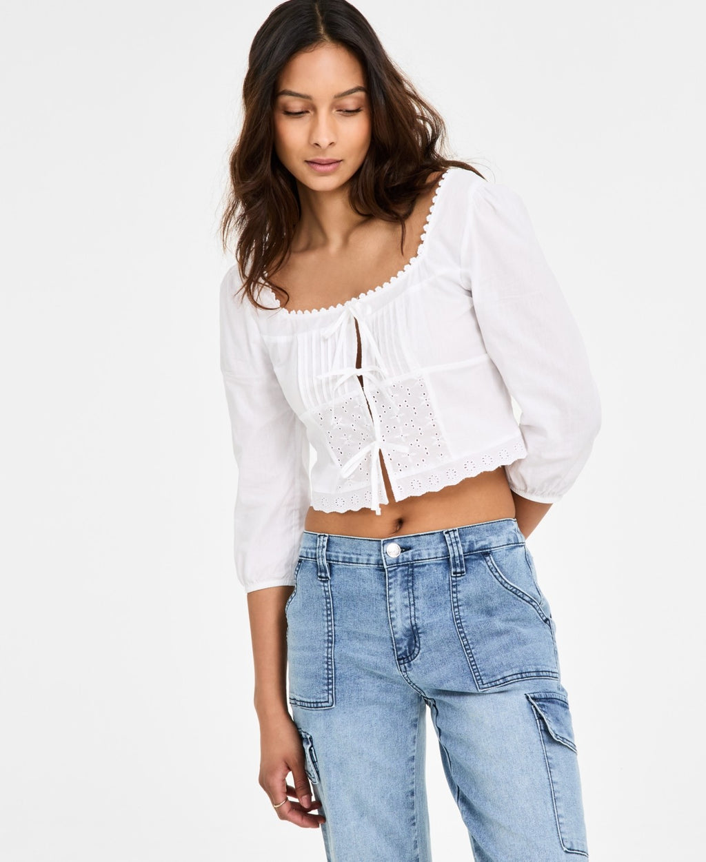 Self Esteem Juniors' Tie-Front Eyelet Top - White
