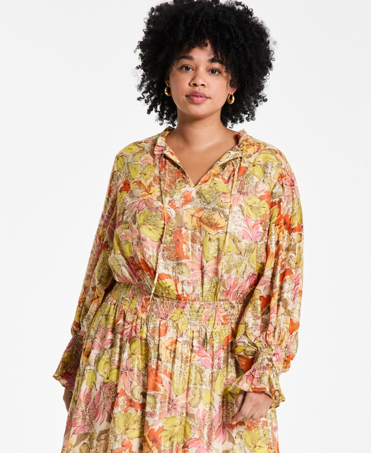 Vince Camuto Plus Size Smocked-Waist Floral Maxi Dress - Crushed Orange