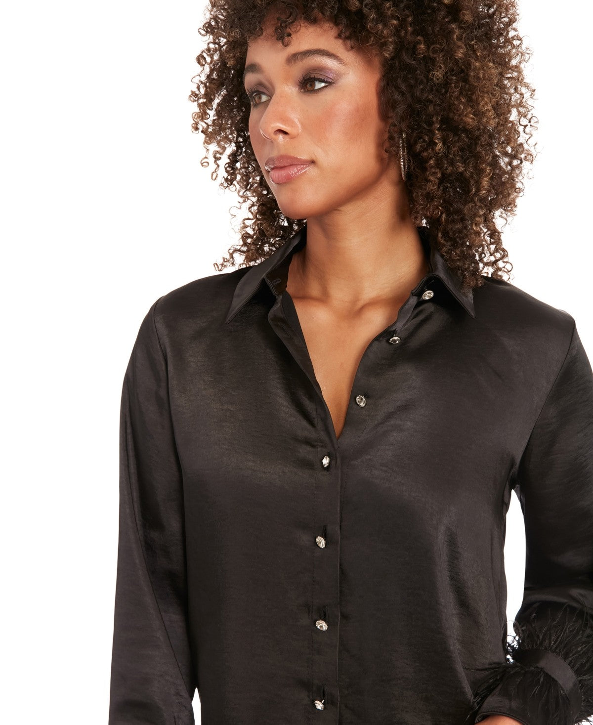 Muse Women's Collared Button-Front Long-Sleeve Satin Shirt - Black
