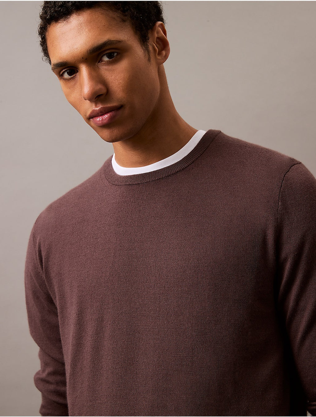 Calvin Klein Men's Extra Fine Merino Wool Blend Sweater - Raisin