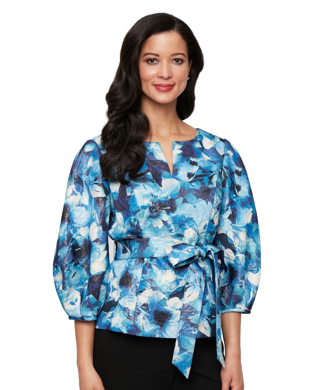 Alex Evenings Size M Jacquard Print Metallic Top - Blue Multi