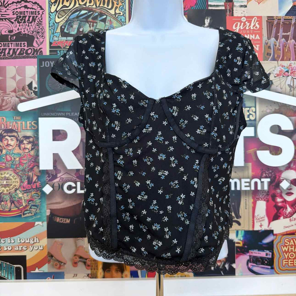 hippie rose Size XL Corset Short-Sleeve Mesh Top - Black Ditsy