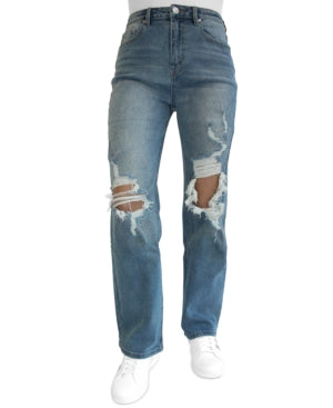 Madden Girl Juniors' Super High Rise Distressed 90s Wide Leg Jeans - Medium Wash