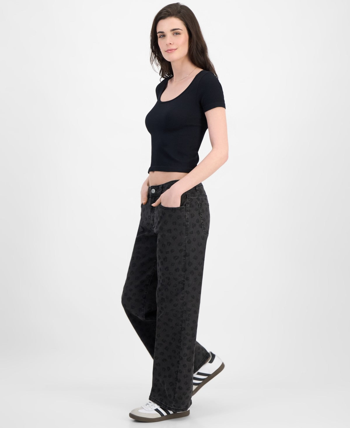Juniors' Tonal Leopard-Print Wide-Leg Jeans - Black - 3