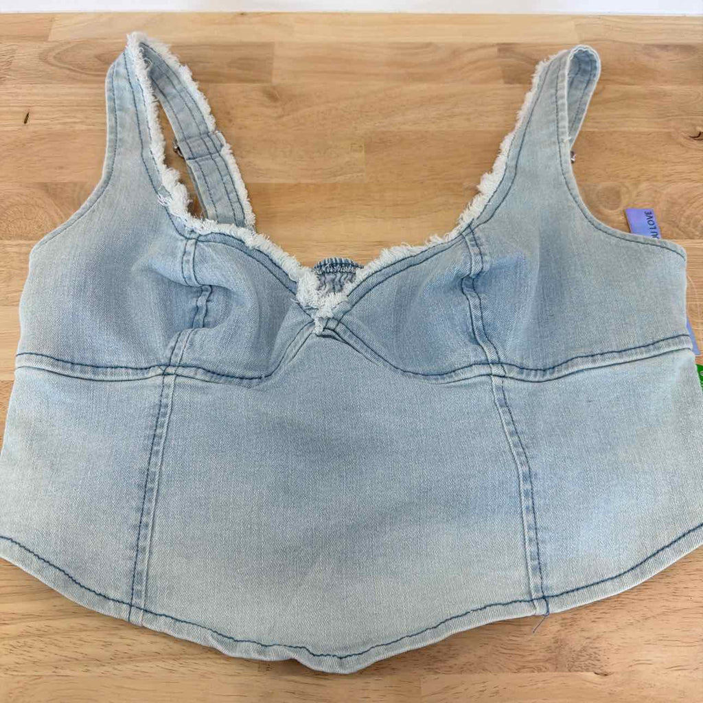 TINSELTOWN Size XL Fray-Trimmed Cropped Denim Corset-Style Top - Light Wash