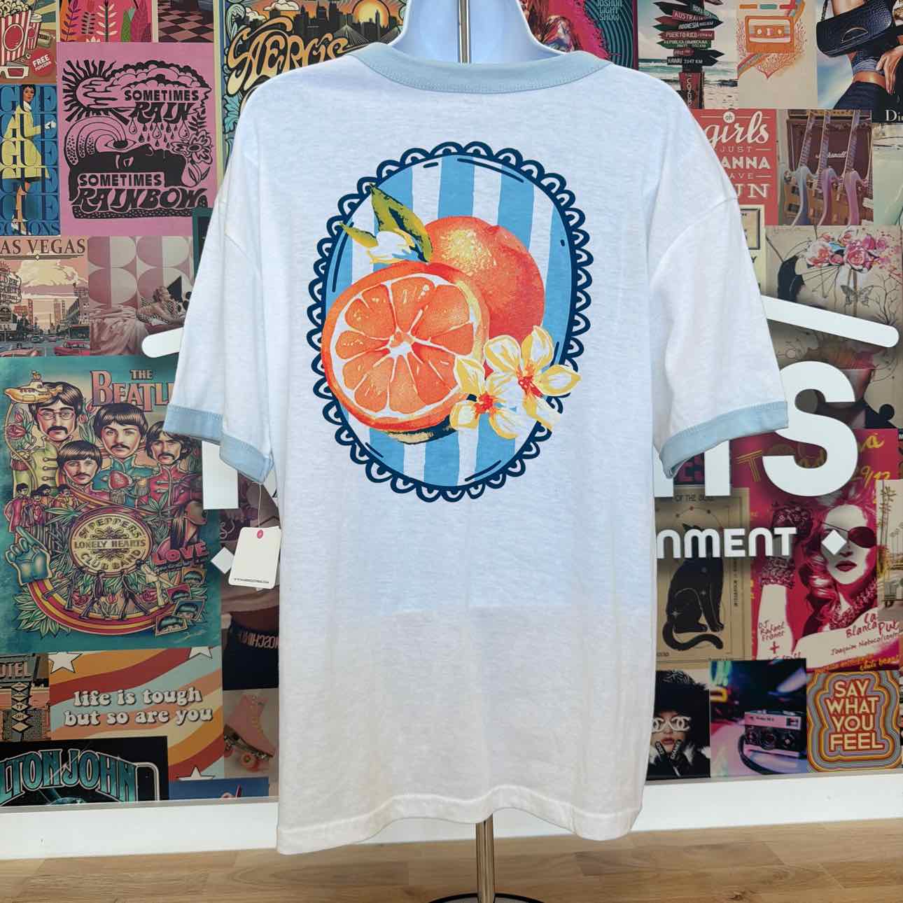 Rebellious One Size L Orange Graphic Short-Sleeve T-Shirt - White/Baby Blue