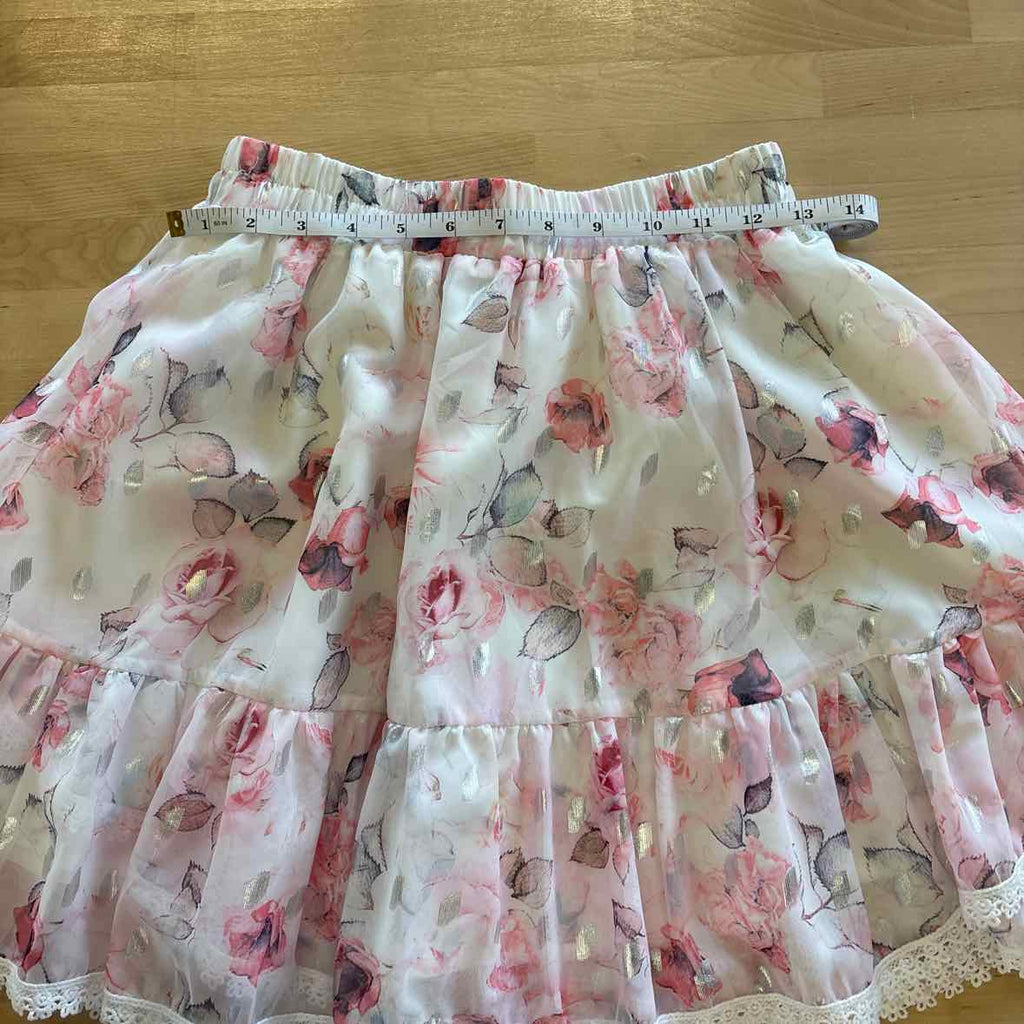 Beulah Size M Pink Print 2 pc Cascade Ruffle Neck Bishop Sleeve Top & Skirt NWT