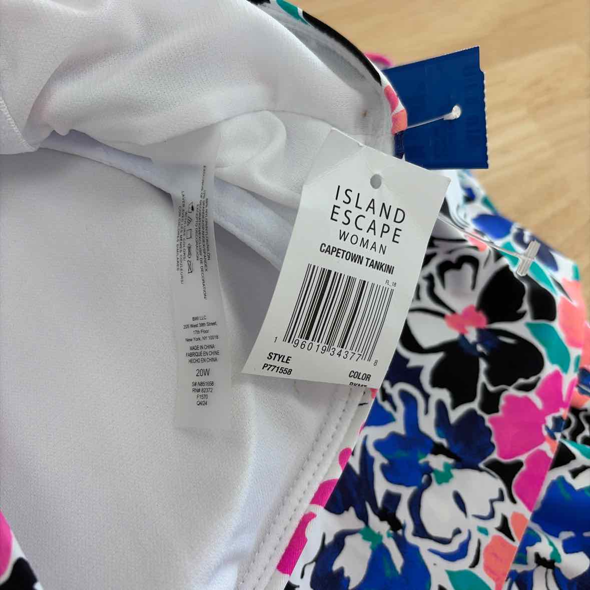 Island Escape Size 20W Plus Size Cape Town Draped Tankini Top - Black Multi