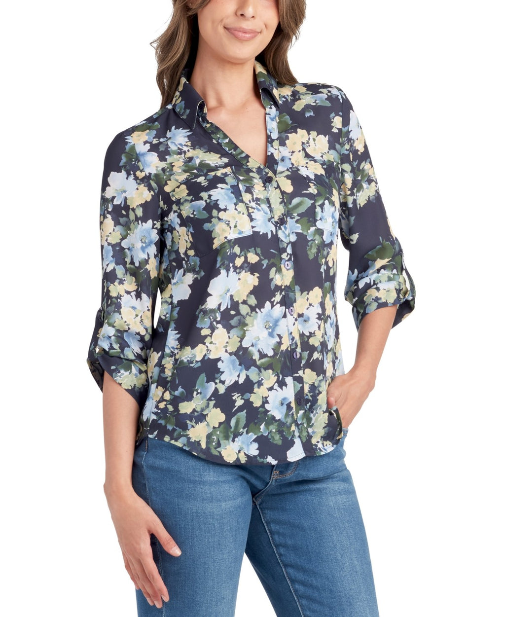 BCX Size XS Floral-Print Roll-Tab-Sleeve Collar Top