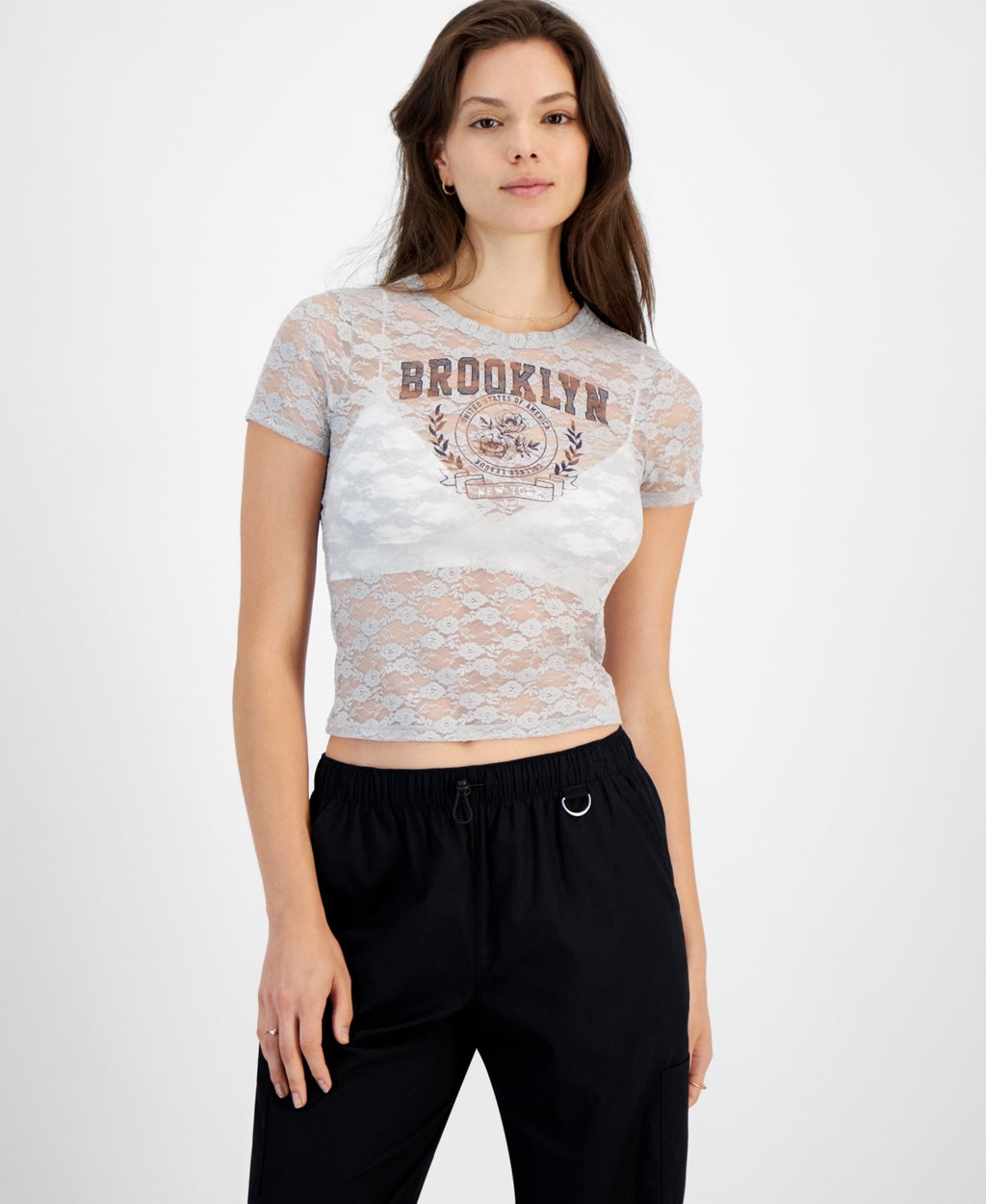 Ultra Flirt Juniors' Graphic Lace Tee - Vapor Blue
