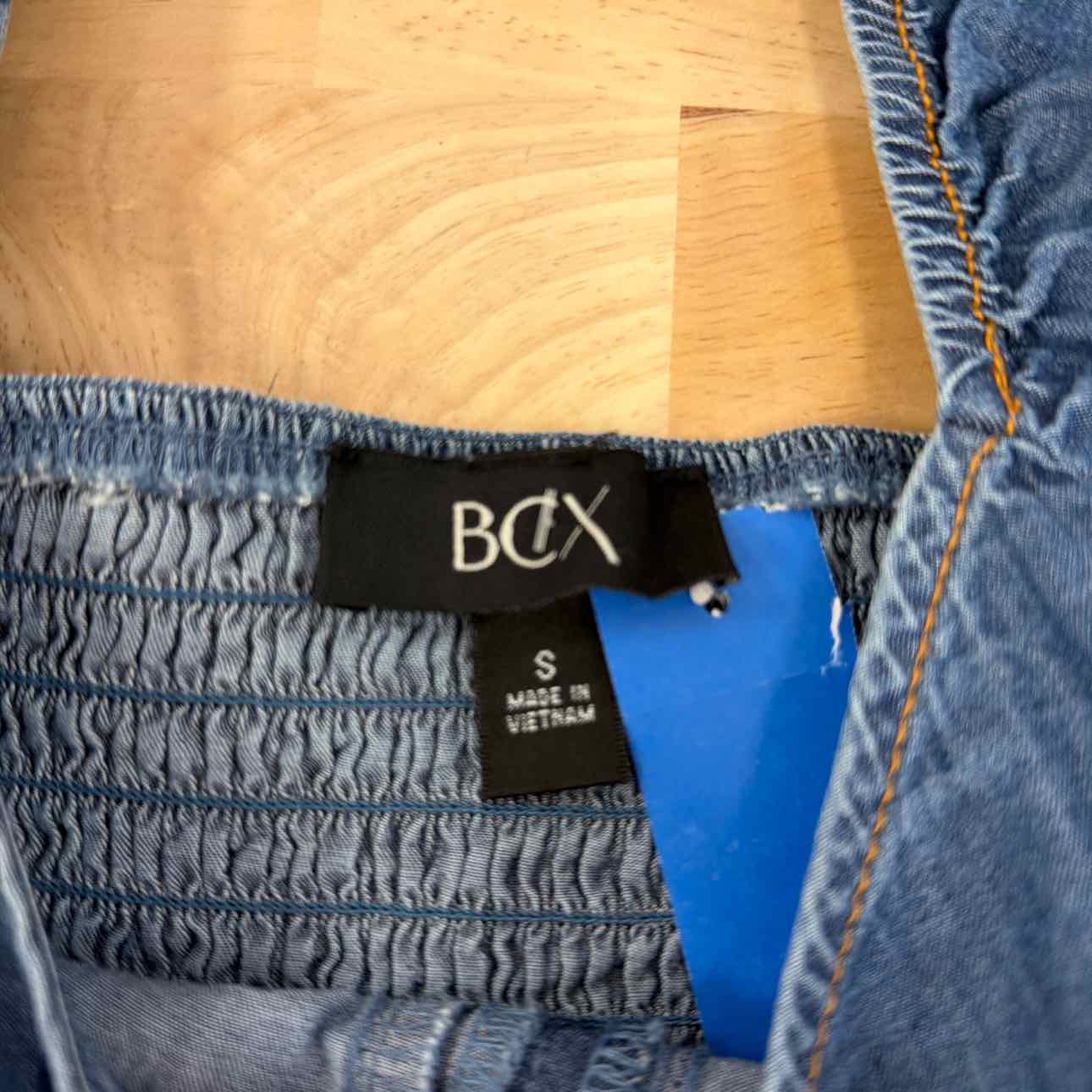 BCX Size S Denim Puff-Sleeve Sweetheart-Neck Top