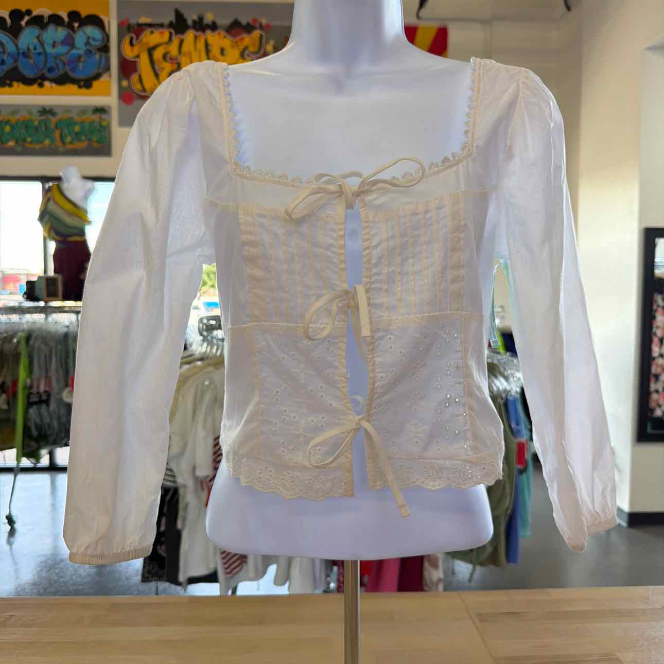 Self Esteem SZ S Juniors' Tie-Front Eyelet Top - White