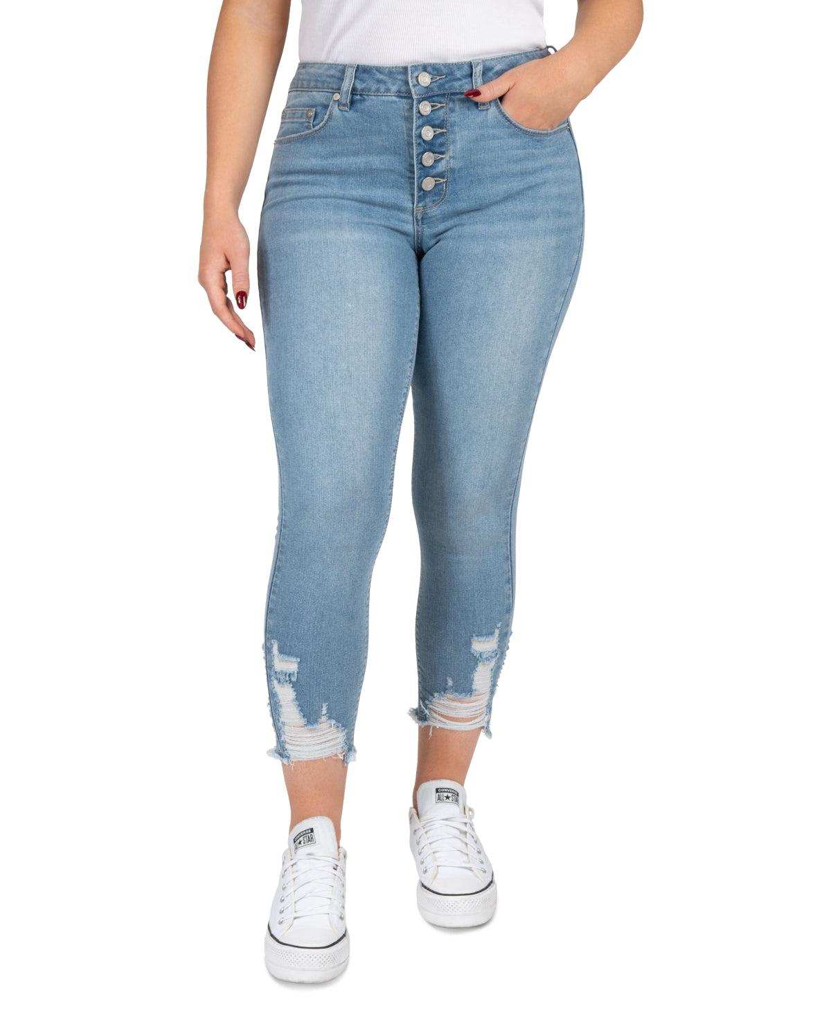 Indigo Rein Juniors' Mid Rise Button Fly Distressed Cropped Curvy Jeans - 5