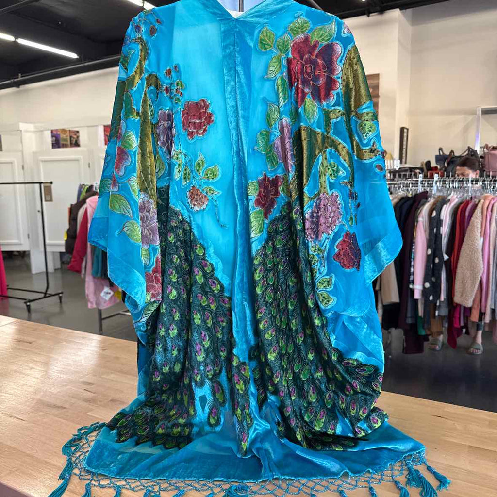 Blue Turquoise Velvet and Beaded Duster with Peacock Floral Pattern