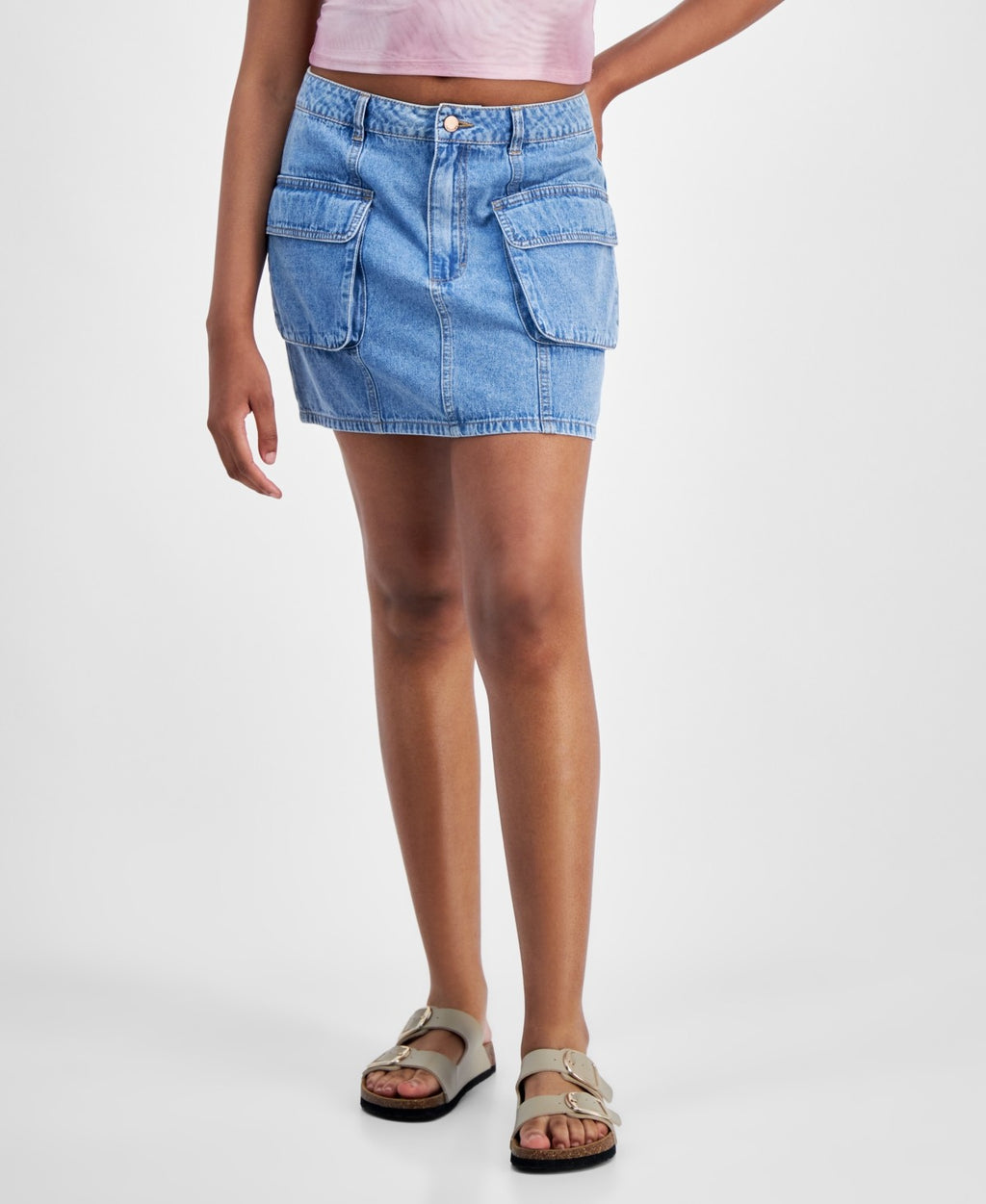 Tinseltown Juniors' Cotton Denim Cargo Miniskirt - Medium Wash