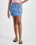 Tinseltown Juniors' Cotton Denim Cargo Miniskirt - Medium Wash
