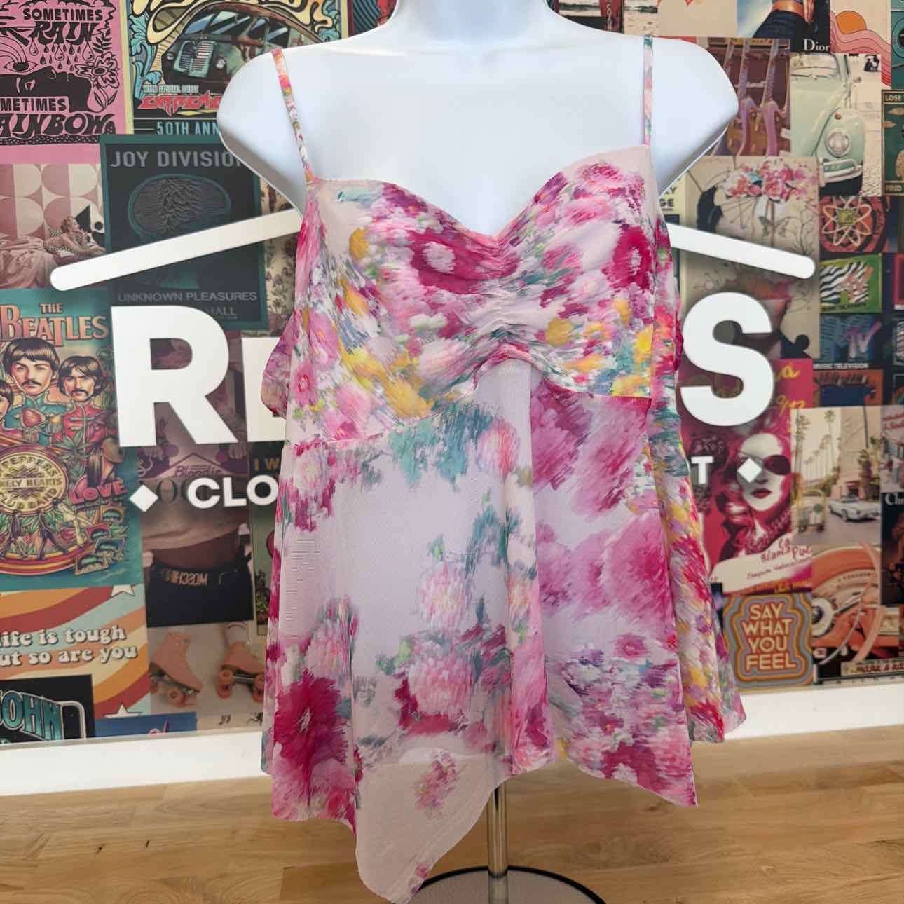 Steve Madden Size LFloral-Print Handkerchief-Hem Sleeveless Top - Pink Hydrangea