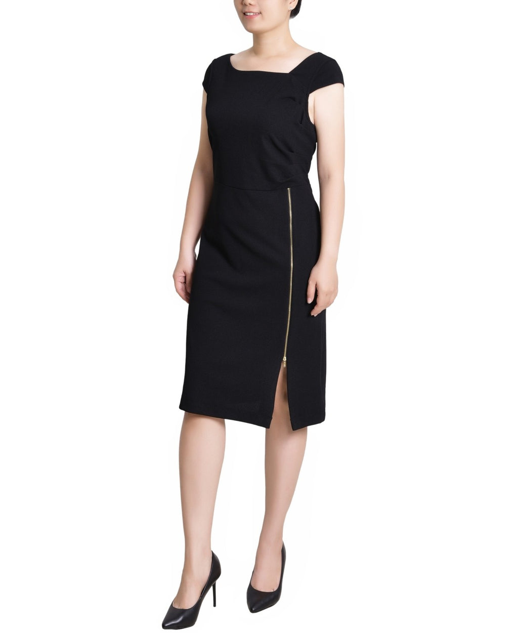 NY Collection Size PL Petite Cap Sleeve Exposed Zipper Dress - Black