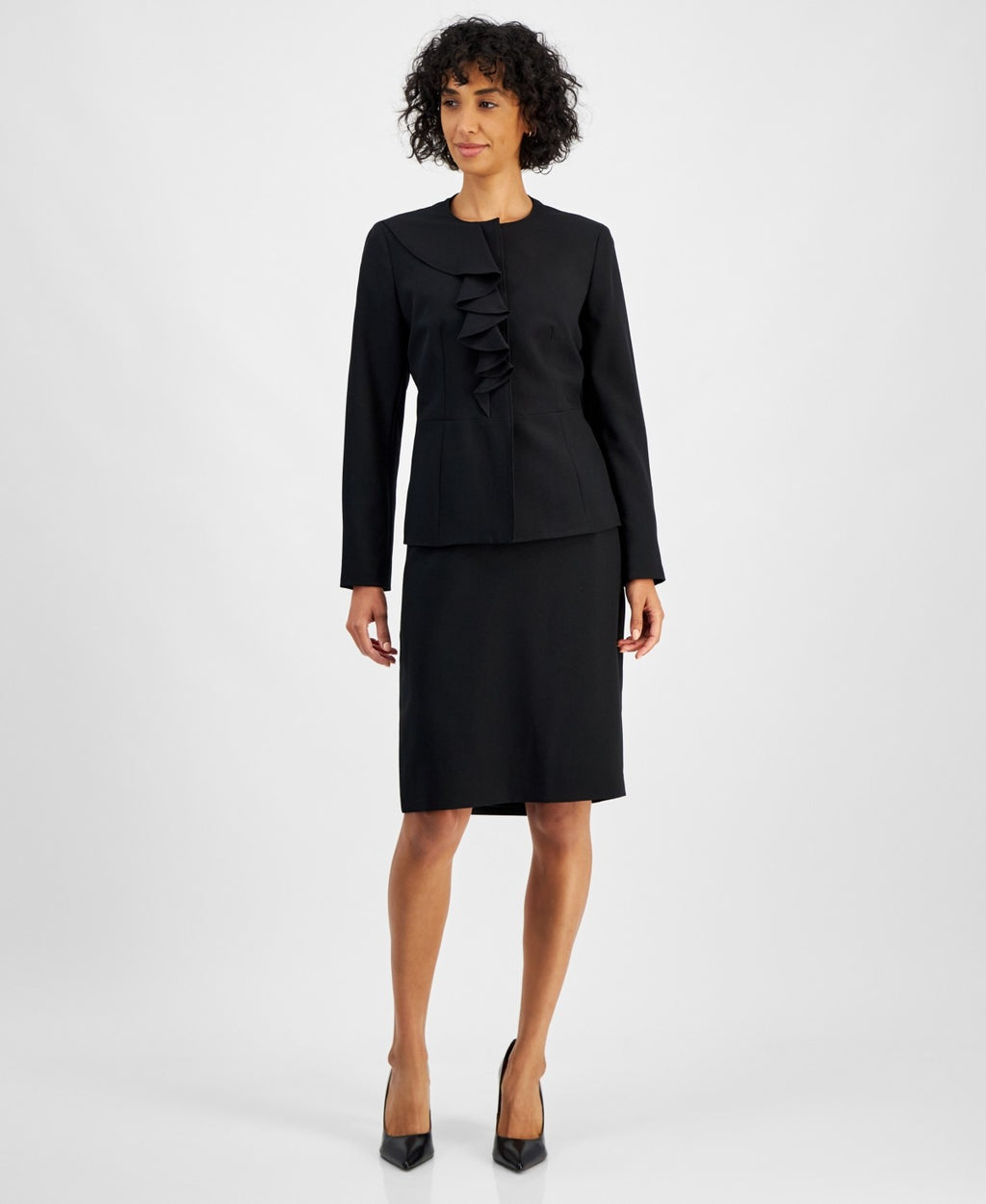 Le Suit Women's Cascade Ruffle Skirt Suit, Regular & Petite - Black