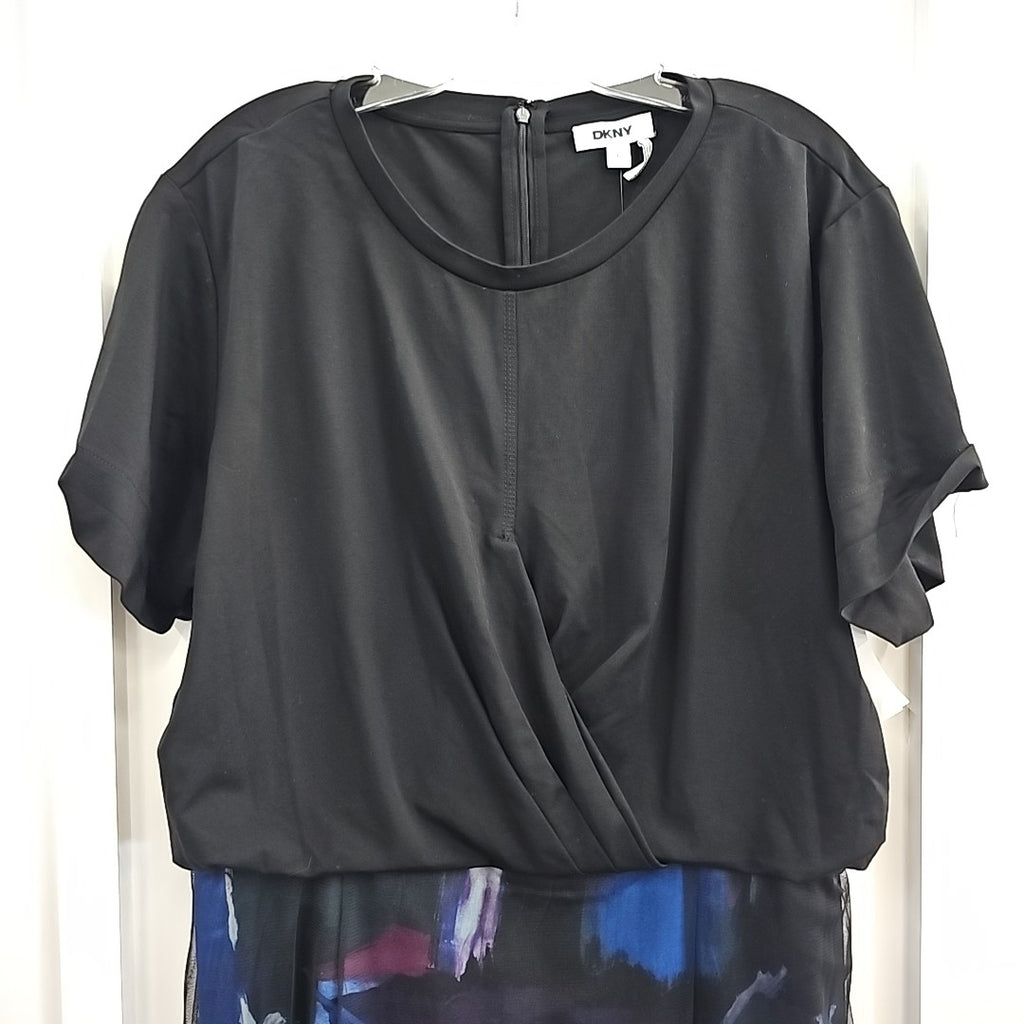 DKNY Womens Mixed-Media Printed-Sk Blue Brush Stroke Dress