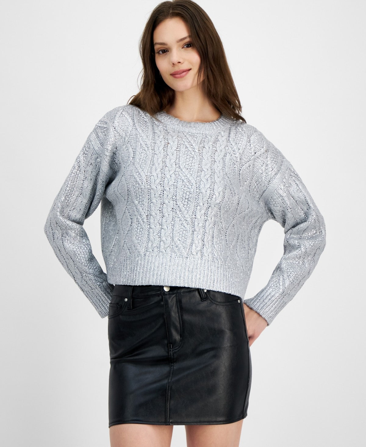 Hooked up by Iot Juniors' Shine Cable-Knit Crewneck Sweater