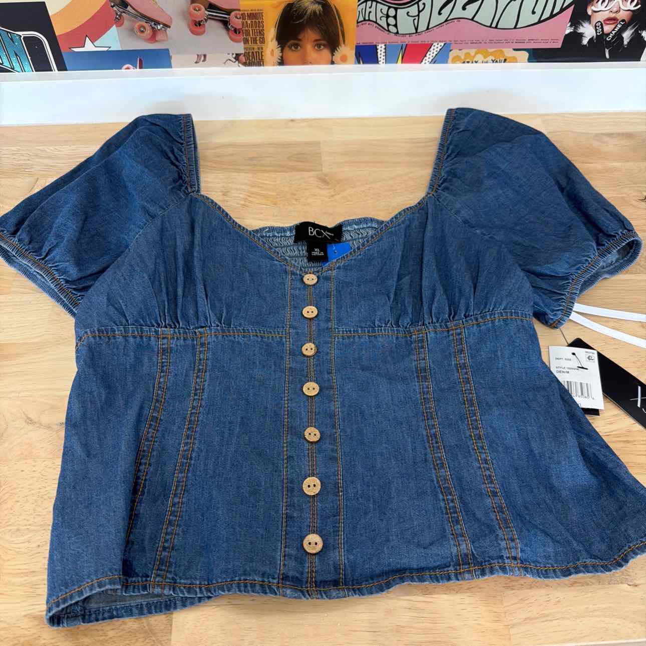 BCX Size XL Denim Puff-Sleeve Sweetheart-Neck Top