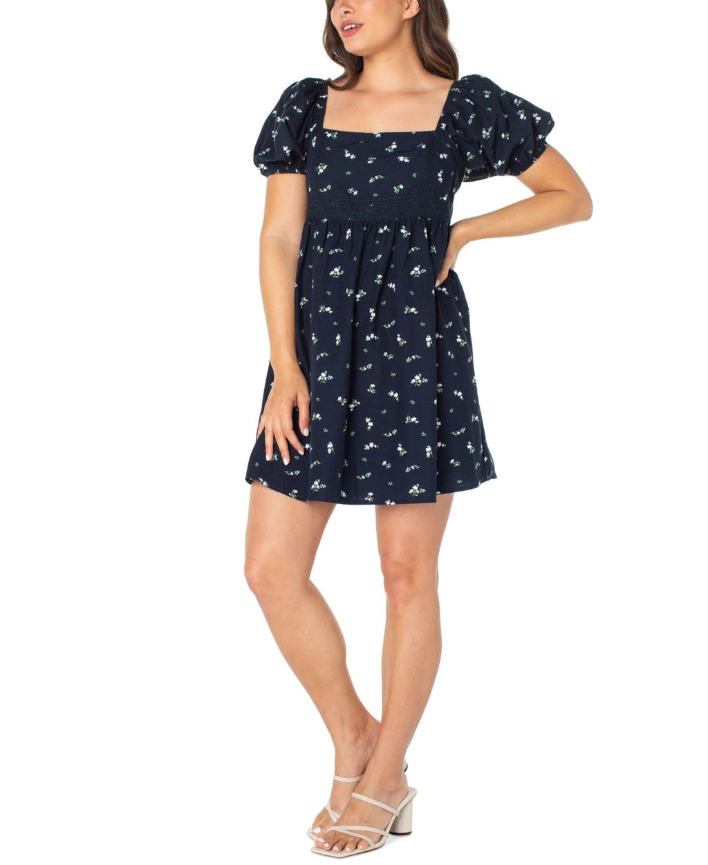 Celebrity Pink Juniors' Puff Sleeve Baby-Doll Mini Dress - Navy
