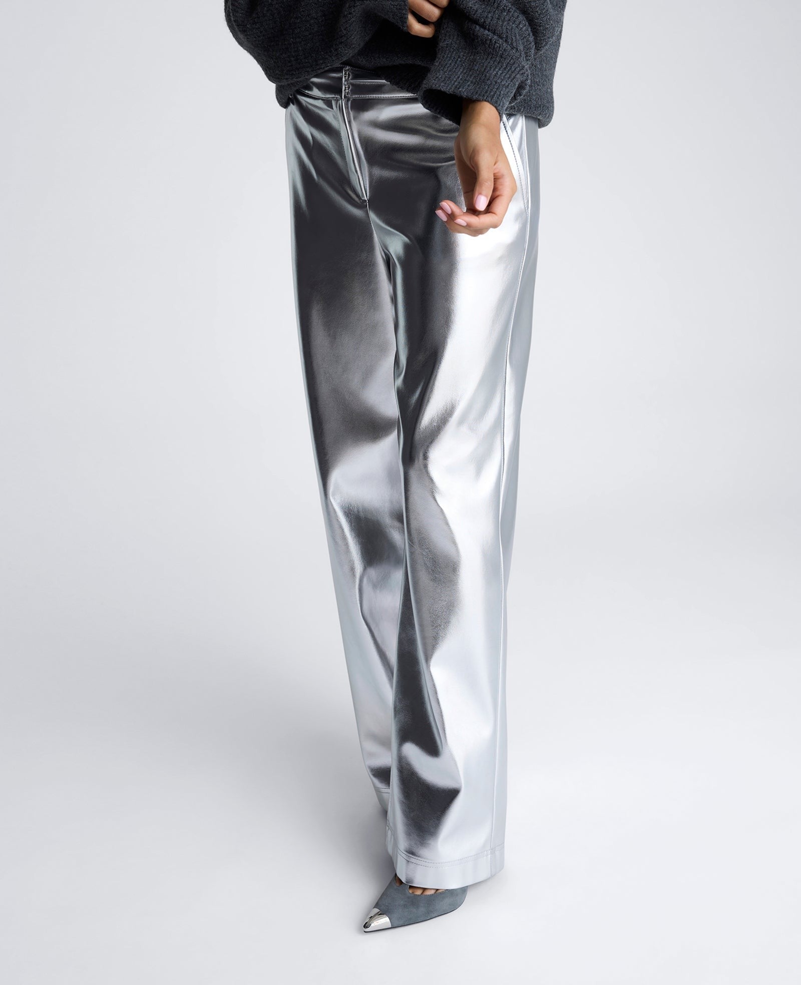 Kenneth Cole | Vegan Metallic Fly Front Mid Rise Wide Leg Pant