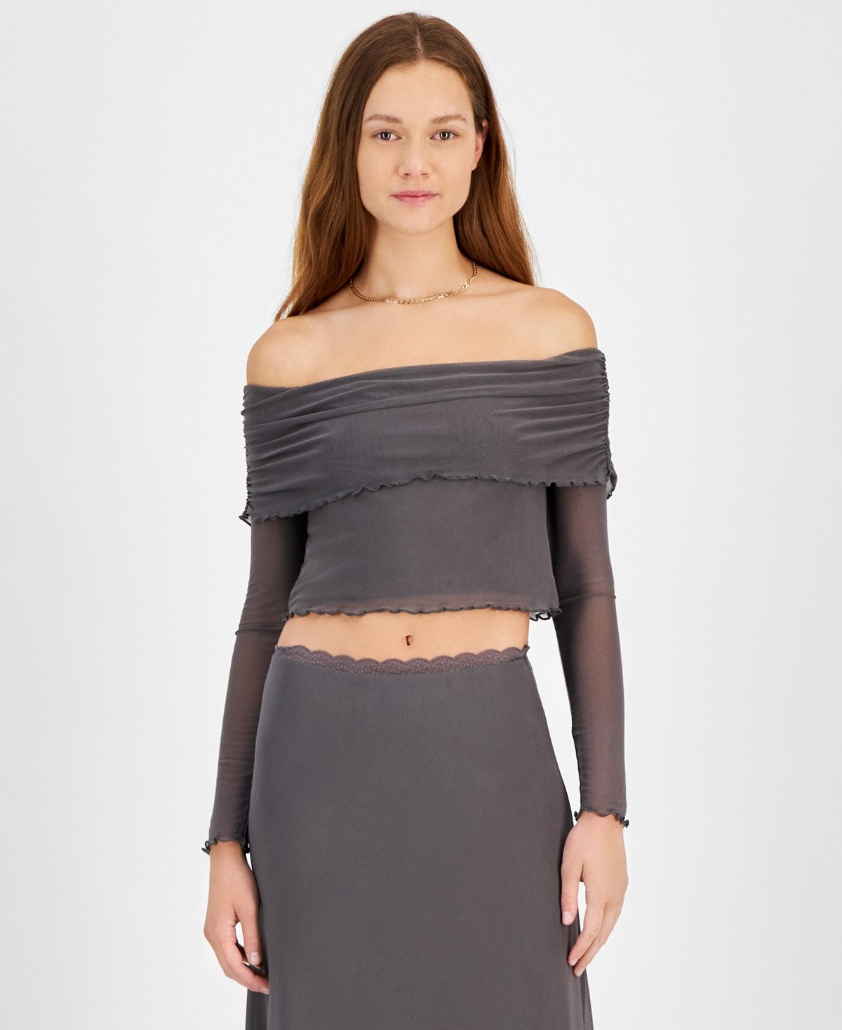 Tinseltown Juniors' Off-the-Shoulder Cropped Mesh Long Sleeve - Granite