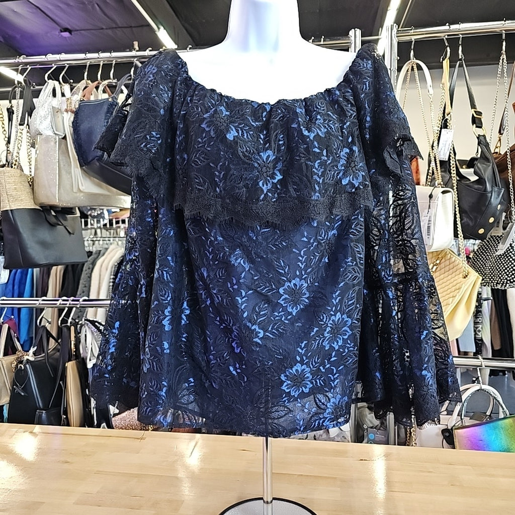 WHBM Size 14 Blue Black Hannie Lace OTS Blouse