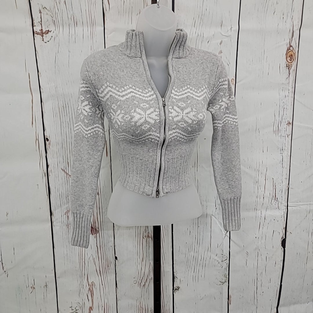 Planet Heart Size XS Juniors' Fair Isle Zip-Front Sweater - Light Heather Grey