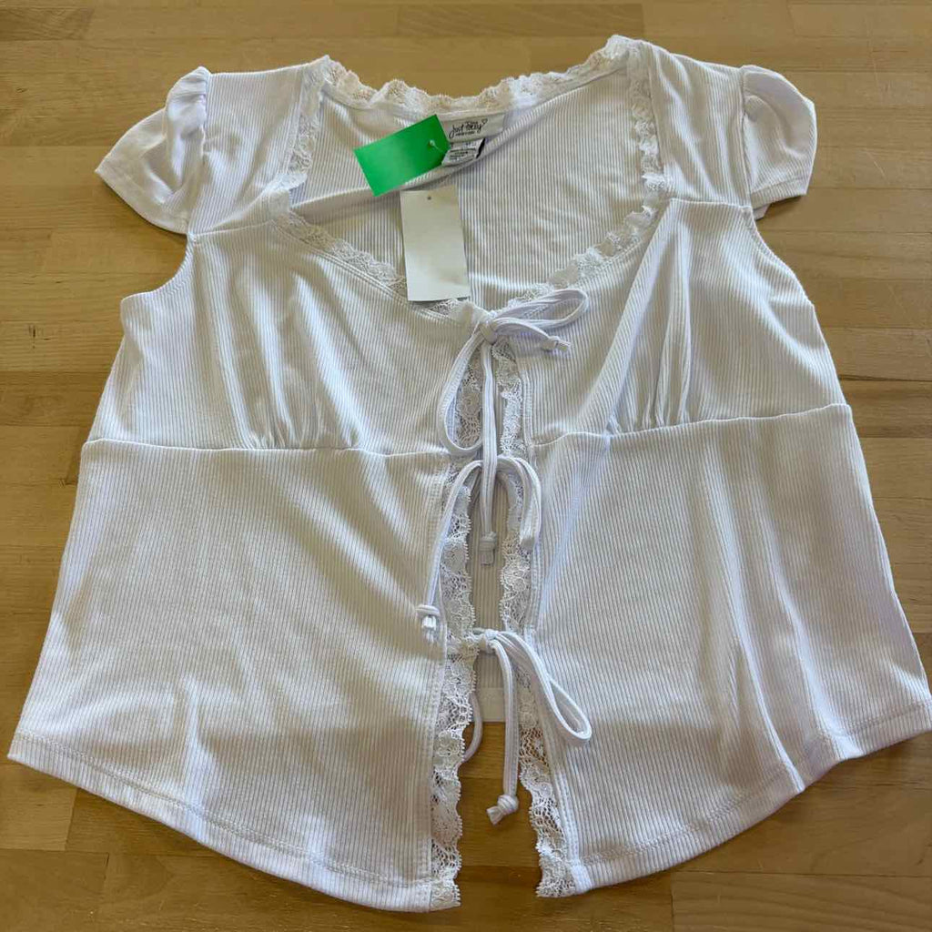 Just Polly Juniors' Lace Trimmed Tie-Front T-Shirt - White
