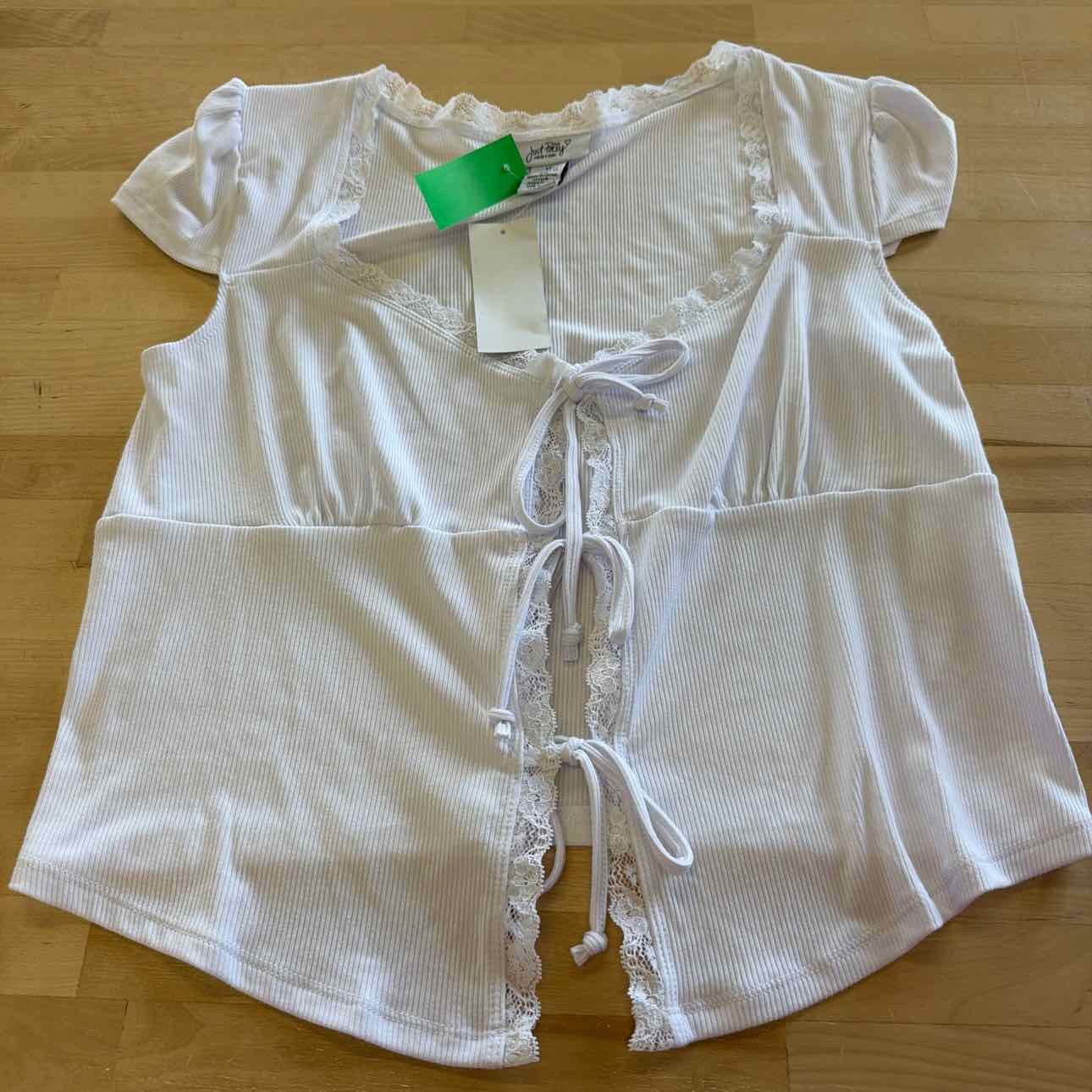 Just Polly Juniors' Lace Trimmed Tie-Front T-Shirt - White