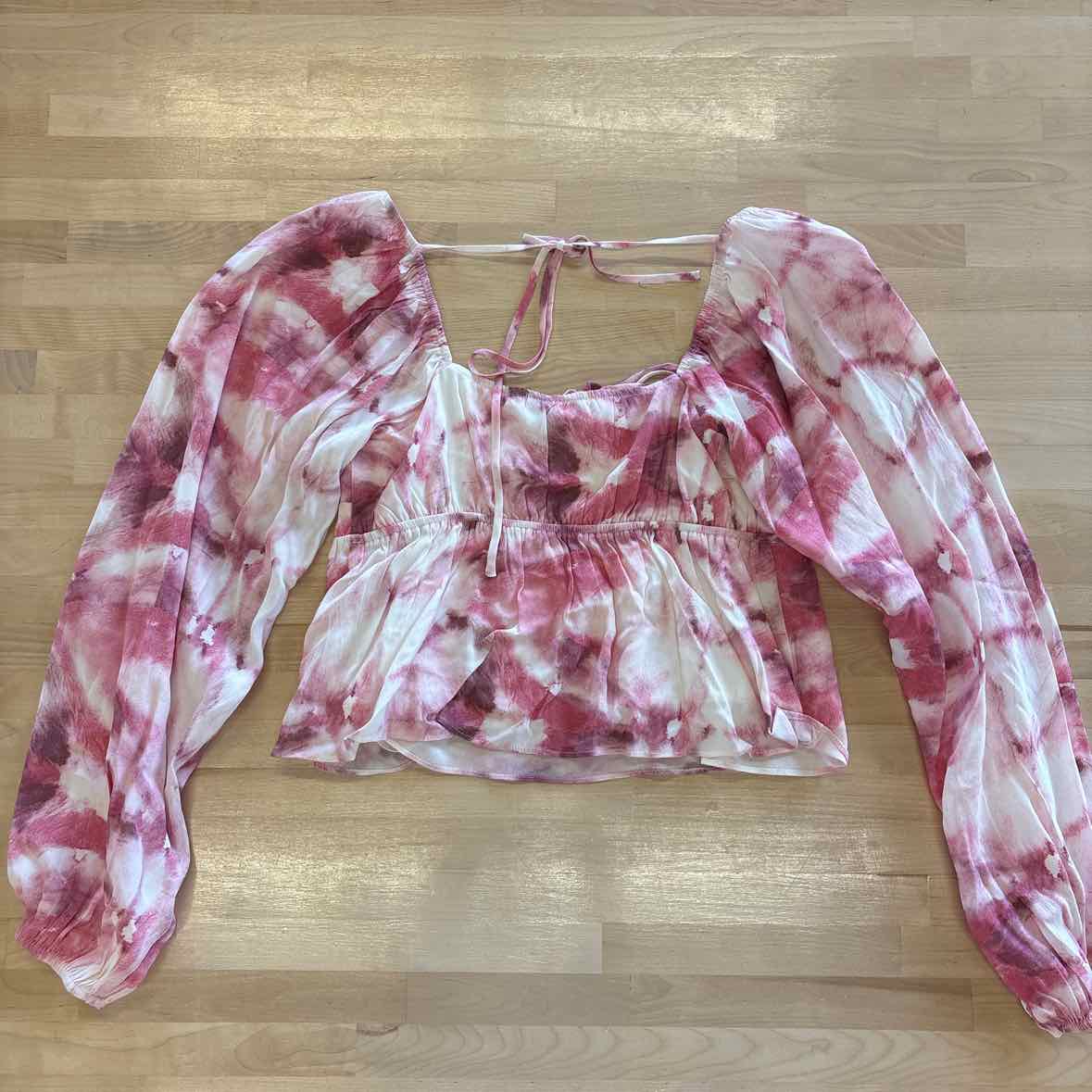 Lucy Paris Size S Pink Print Tie-Dye Bishop Sleeve Cropped  Blouse NWT