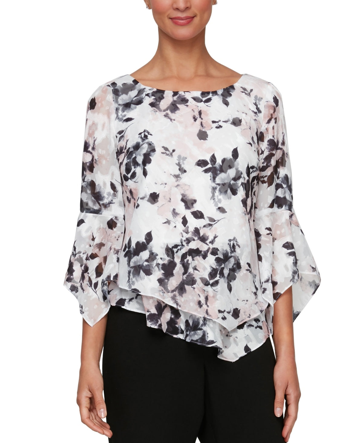 Alex Evenings Women's Printed Pointed-Hem 3/4-Sleeve Blouse - Ivory/Pink