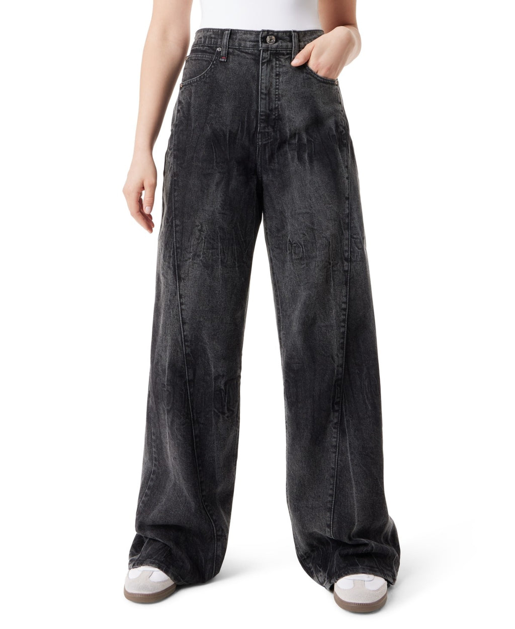 Frayed Size 28 Wide-Leg High Waist Seamed Jeans