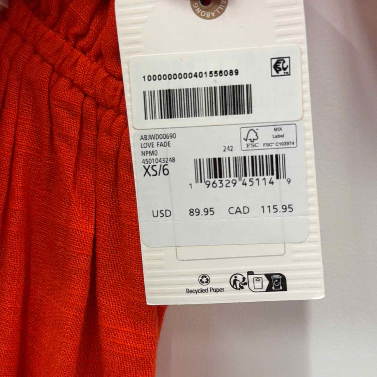 billabong Size XS Red New Dress
