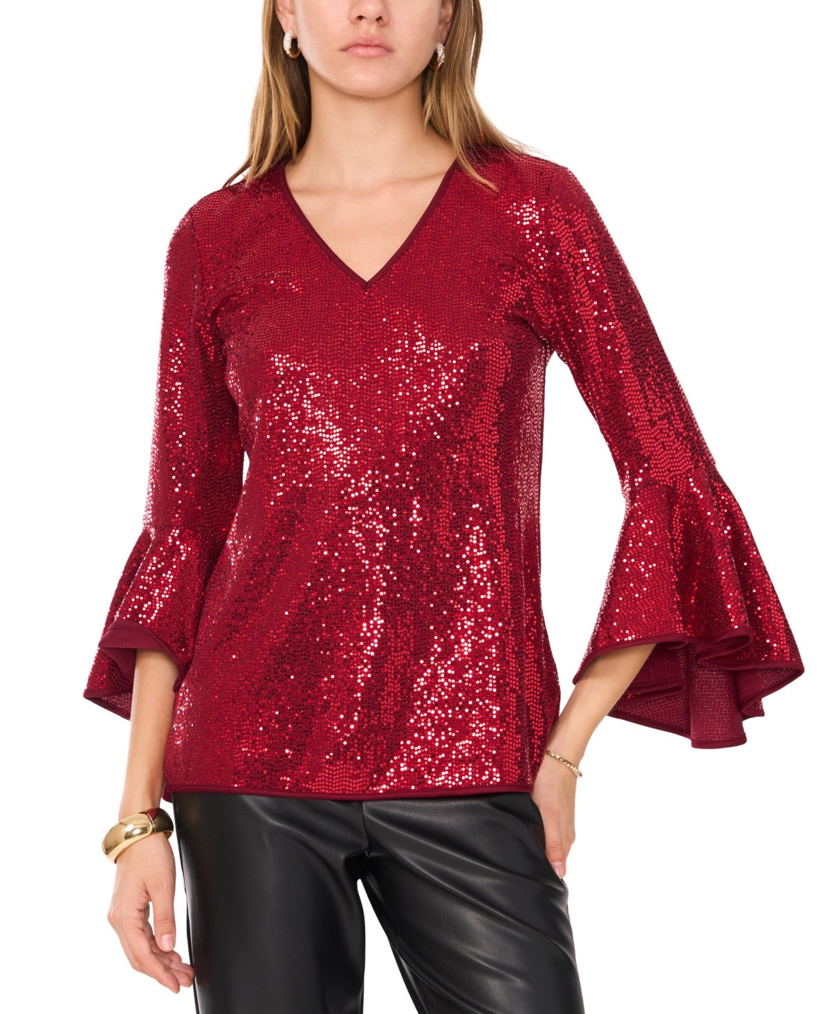 Vince Camuto Size L Red Sequined Blouse