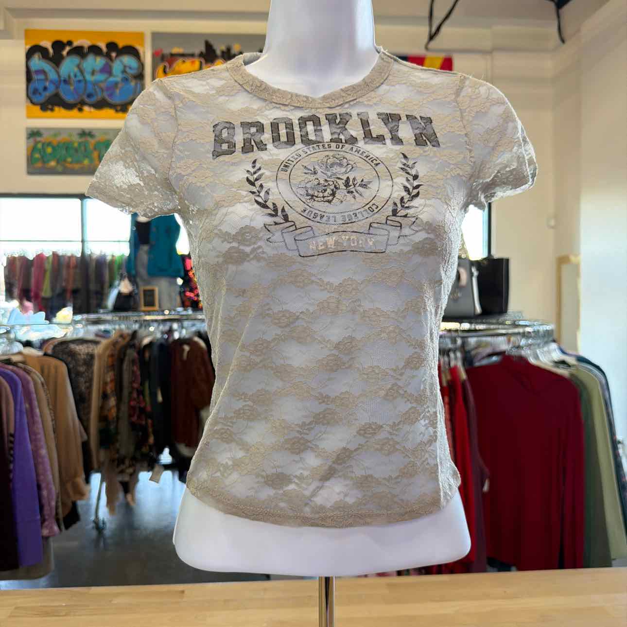 Ultra Flirt Juniors' Graphic Lace Tee - Vapor Blue