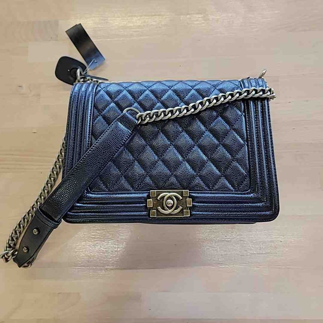 Chanel Large Boy Bag in Black Pebbled Leather with Antique Gold Tone Chain Strap
