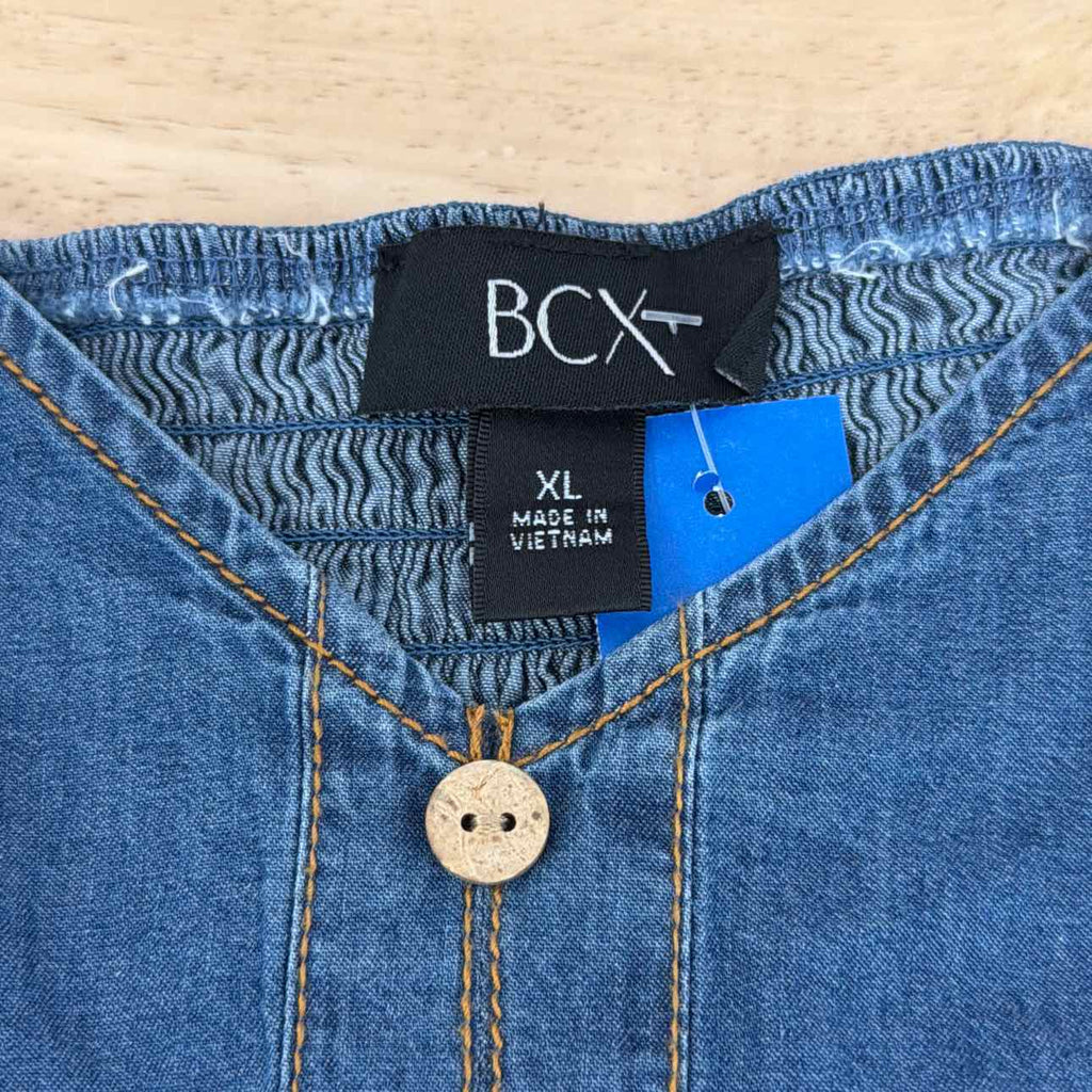 BCX Size XL Denim Puff-Sleeve Sweetheart-Neck Top