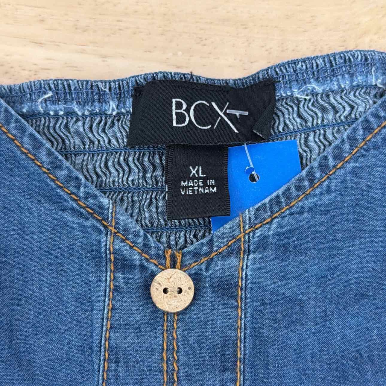 BCX Size XL Denim Puff-Sleeve Sweetheart-Neck Top