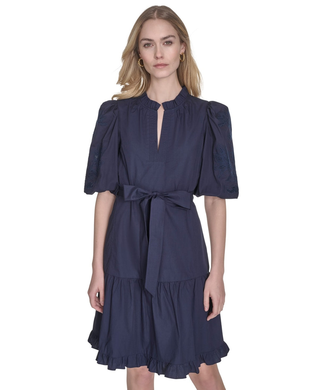 Vince Camuto Size 6 Split-Neck Elbow-Sleeve Cotton Dress - Navy