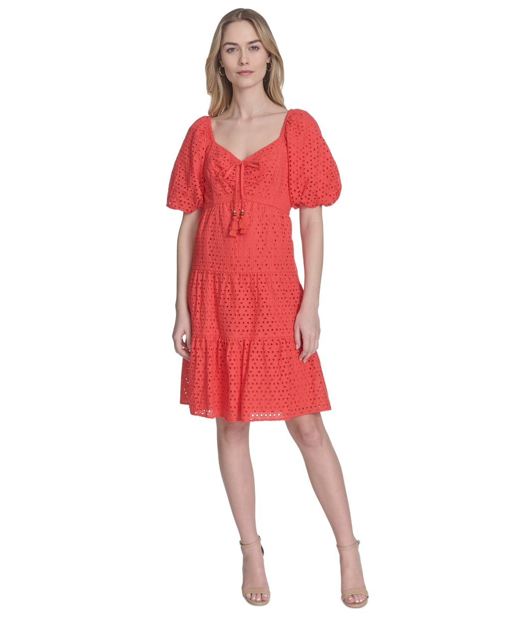 Vince Camuto Size 10 V-Neck Short-Puff-Sleeve Eyelet Dress