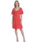 Vince Camuto Size 12 V-Neck Short-Puff-Sleeve Eyelet Dress
