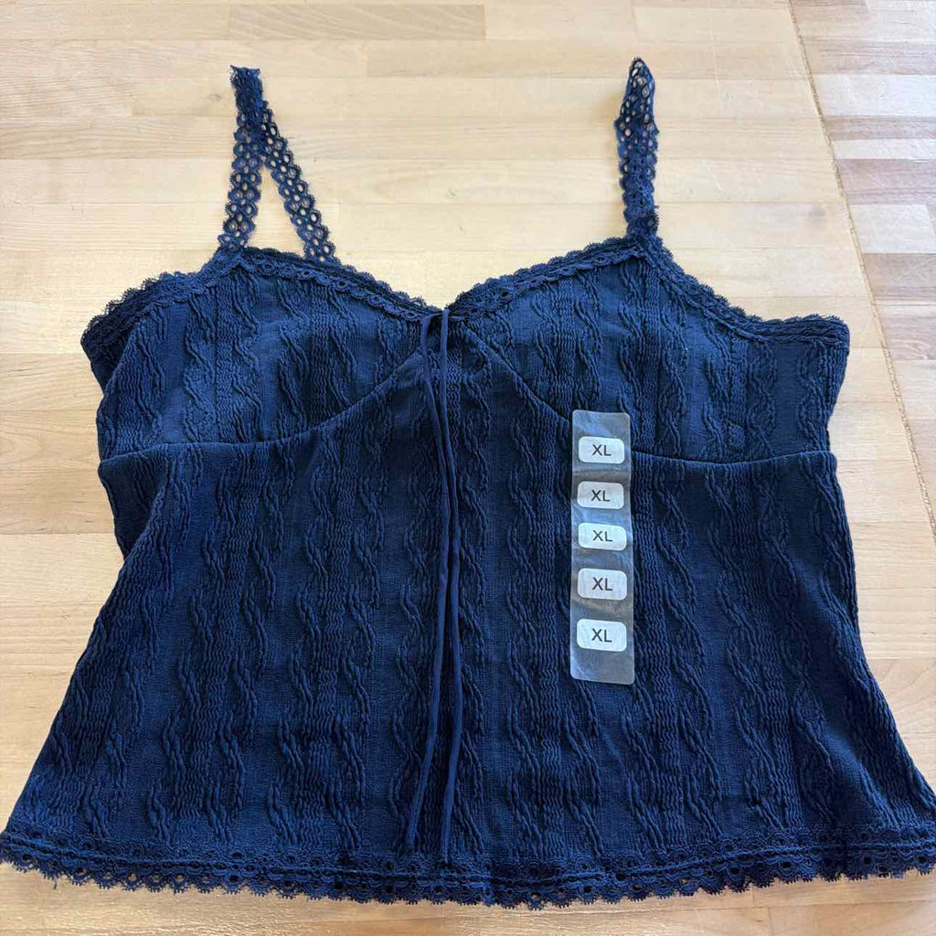 Just Polly Size XL Textured-Knit Lace-Trim Cami Top - Navy