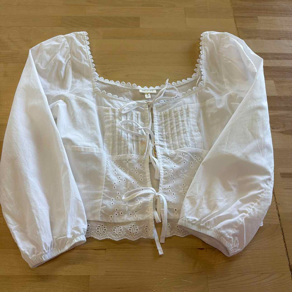 Self Esteem SZ S Juniors' Tie-Front Eyelet Top - White